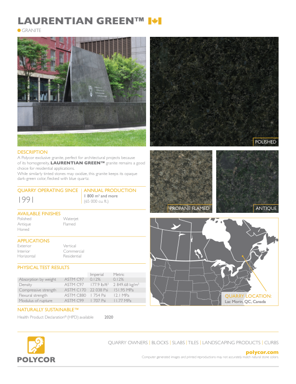 LAURENTIAN GREEN™ Granite Stone Spec Sheet - Polycor Inc.