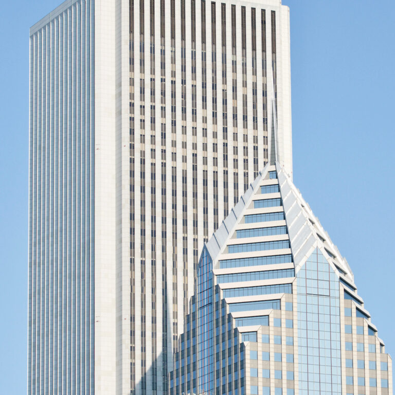 Zoomed in view of Aon Building with White Mount Airy Granite Facade Visible